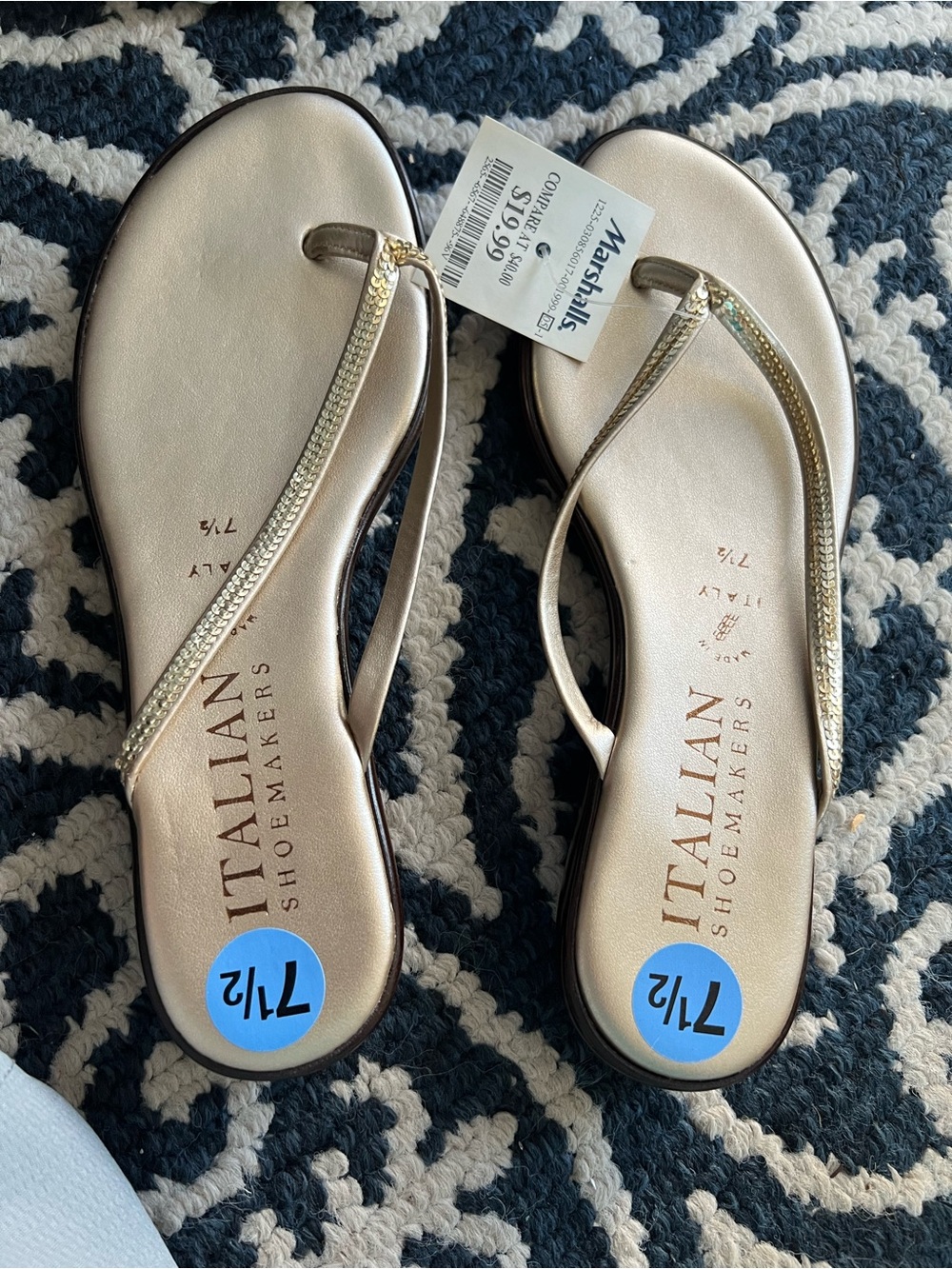 Italian Shoemakers Gold Jeweled Strap Flip Flop Sandals